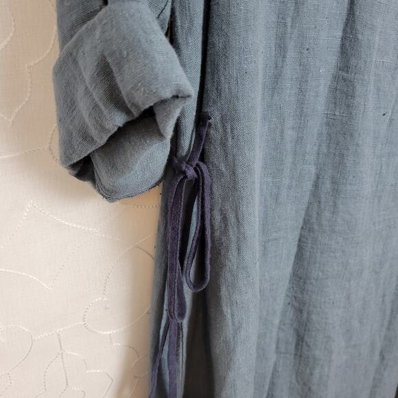 VTG Subtle Tones Linen Dress XS Blue Square Neck Side Ties Lagenlook Maxi - Picture 11 of 12